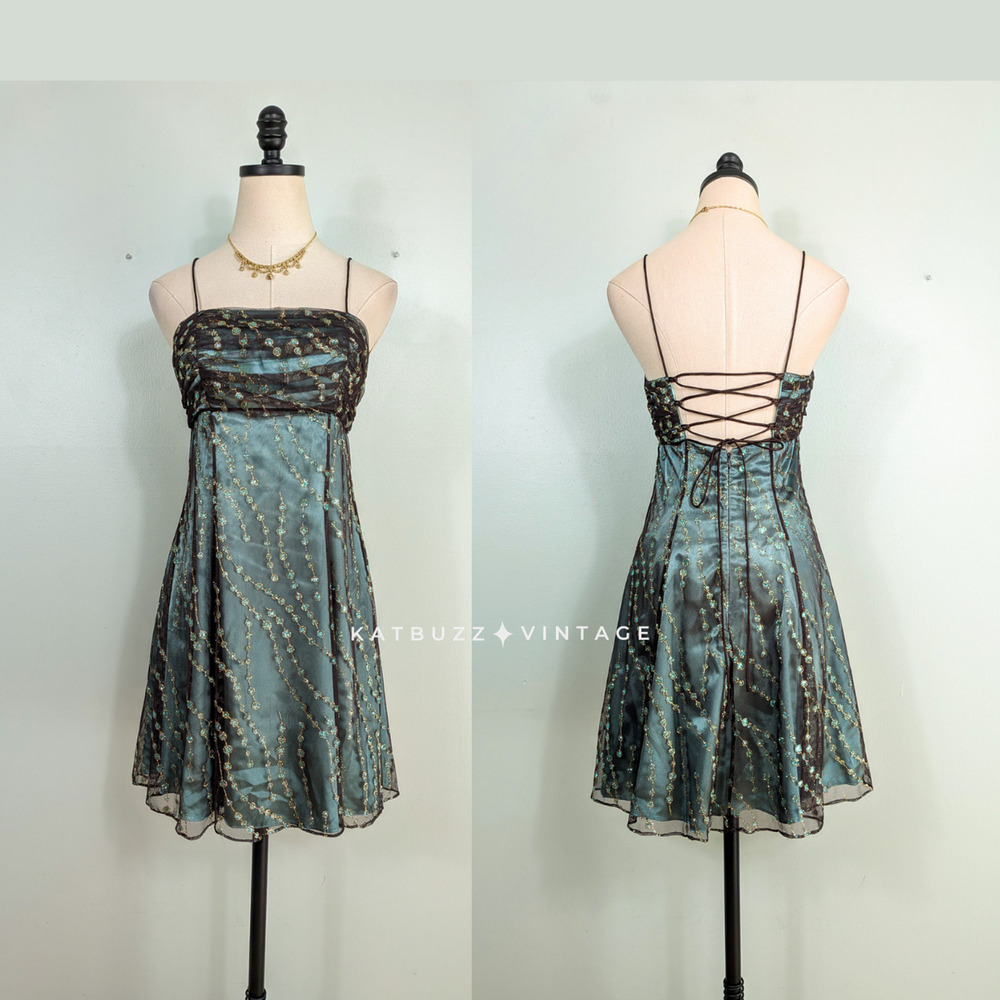 Vintage Morgan Prom Dress Mini Gown 8 Green Brown Corset Y2K Goth Babydoll Hoco